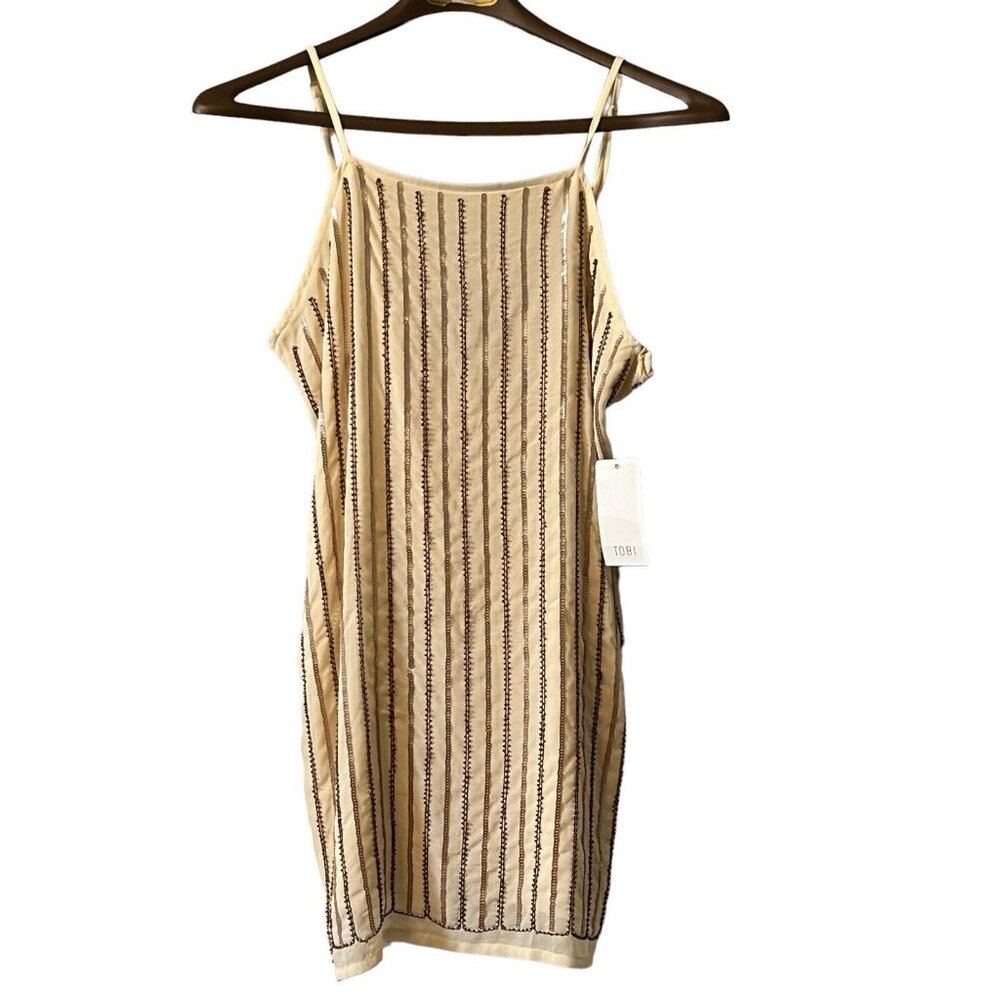 Tobi NWT Tan Sequin Spaghetti Strap Dress Size Medium‎ Party Chic Retro Evening